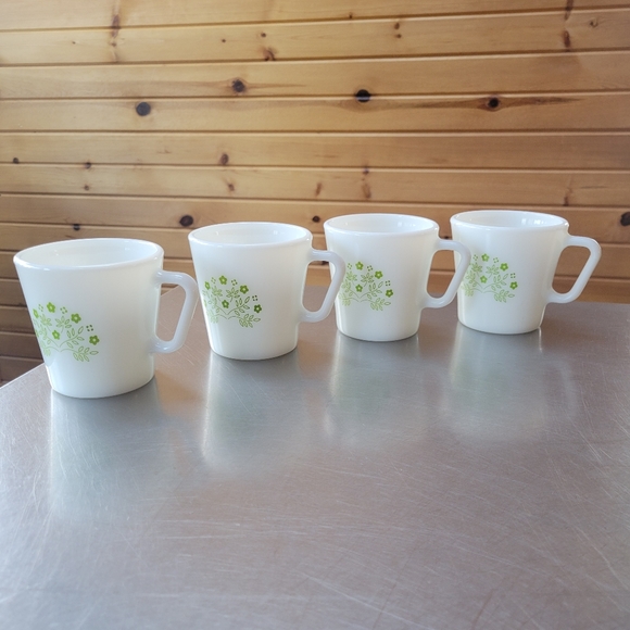 Vintage Pyrex Green Crazy Daisy Milk Glass Coffee Mugs